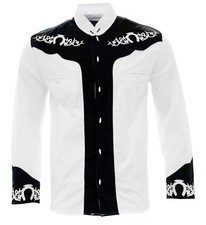 Men's Charro Shirt Camisa Charra El General Color White/Black/Silver