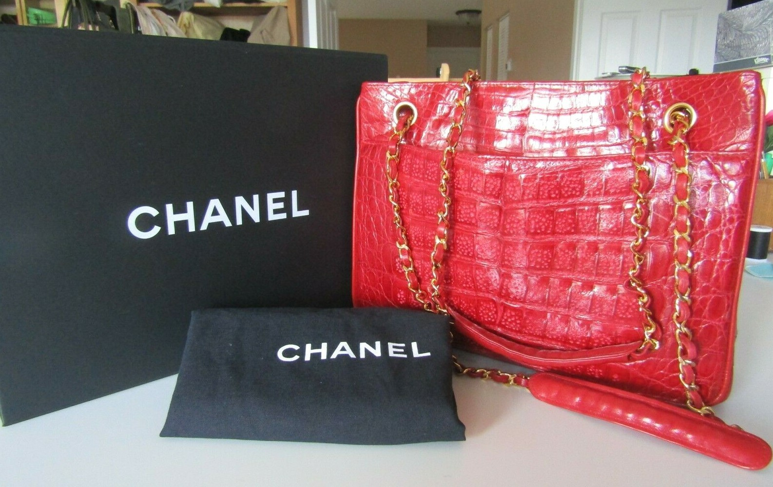 Chanel Red Crocodile Leather Shopping Tote