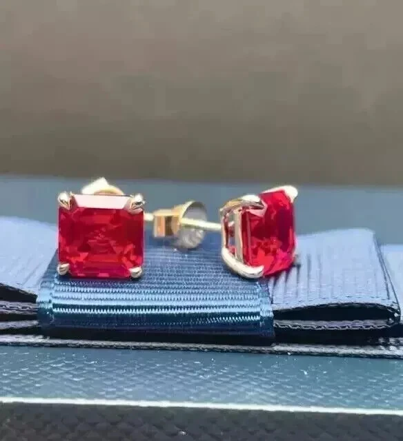 Lab-Created Ruby 3.00Ct Asscher Cut Women Earring's Stud 14K Yellow Gold Plated - Image 4 of 4