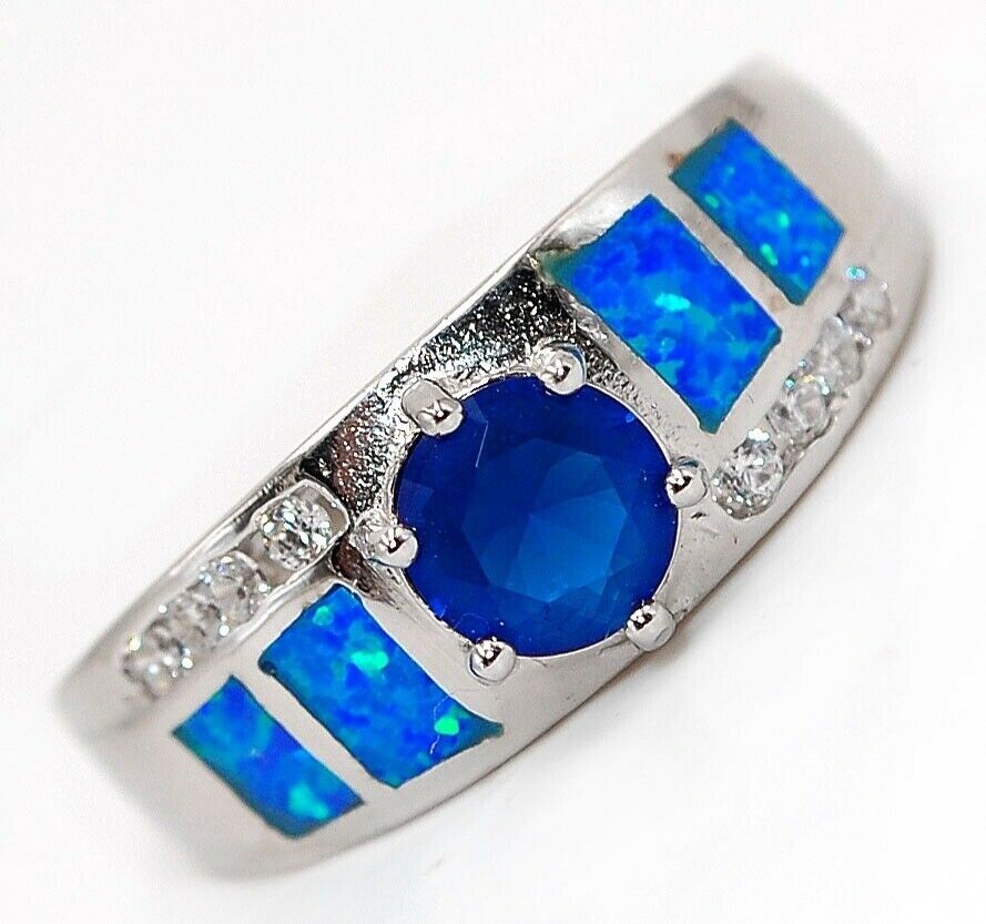 1CT Treated Sapphire & Australian Opal Inlay 925 Sterling Silver Ring Sz 8 BA1