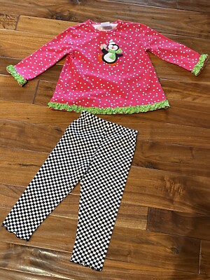 Molly & Millie Long Sleeve Pink Holiday Penguin 2 Piece Set Checker Pants 2T