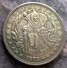 Demon Death Seated on Throne with Skulls Occult  Coin  Dollar Token
