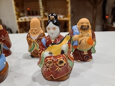 SEVEN LUCKY GODS Set KUTANI Ware Pottery Statue Old Japan Vintage