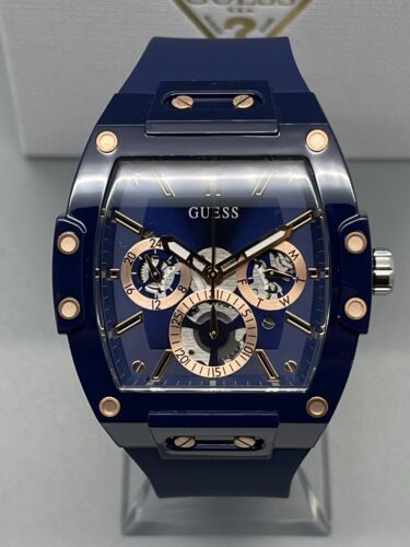 Neu Guess 43mm Phoenix Blue Tonneau Case Dial R Gold Chrono Silicone Strap Watch - Bild 4 von 12