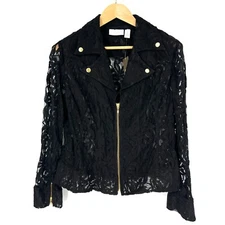 Chico's Moto Blazer Jacket Womens Size 1 Colored Lace Long Sleeve Jack Black New