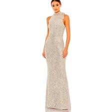NEW Mac Duggal Nude Silver Sequin Bow Shoulder Halter Neck Column Gown NWT 10