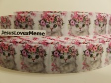 Grosgrain Ribbon White Persian Kitty Cat Green Eyes Pink Flower Hat Kittens 7/8"