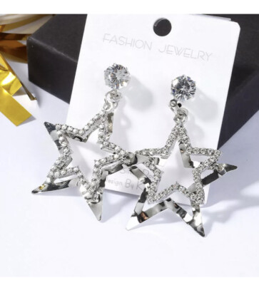 SilverTone Layered Shinning Star Stud Hanging Rhinestone Sparkle Stud Earrings