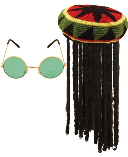 Jamaican Rasta Hat Green Round Frame Glasses Bob Marley Caribbean Set - Picture 1 of 3