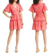 NEW BTFL-LIFE Coral MADIE Floral EMBROIDERED Flutter Sleeve RUFFLE Mini DRESS