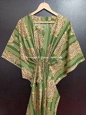 Indian Vintage 100% Cotton Tiger Print Green Maxi Women Nightwear Kaftan Dress