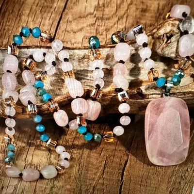 Bohemian Natural Pink Quartz Pendant Necklace | Handcrafted Rock Crystal Beads