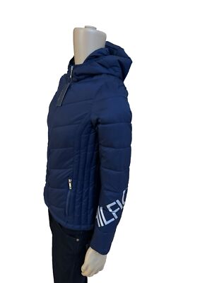 Women Tommy Hilfiger Logo Hooded Chevron Packable Quilted Jacket Navy Small  S