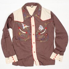 VTG Esskay Cowboy Western Shirt Boys Brown Red Embroidered Snap USA Chain Stitch