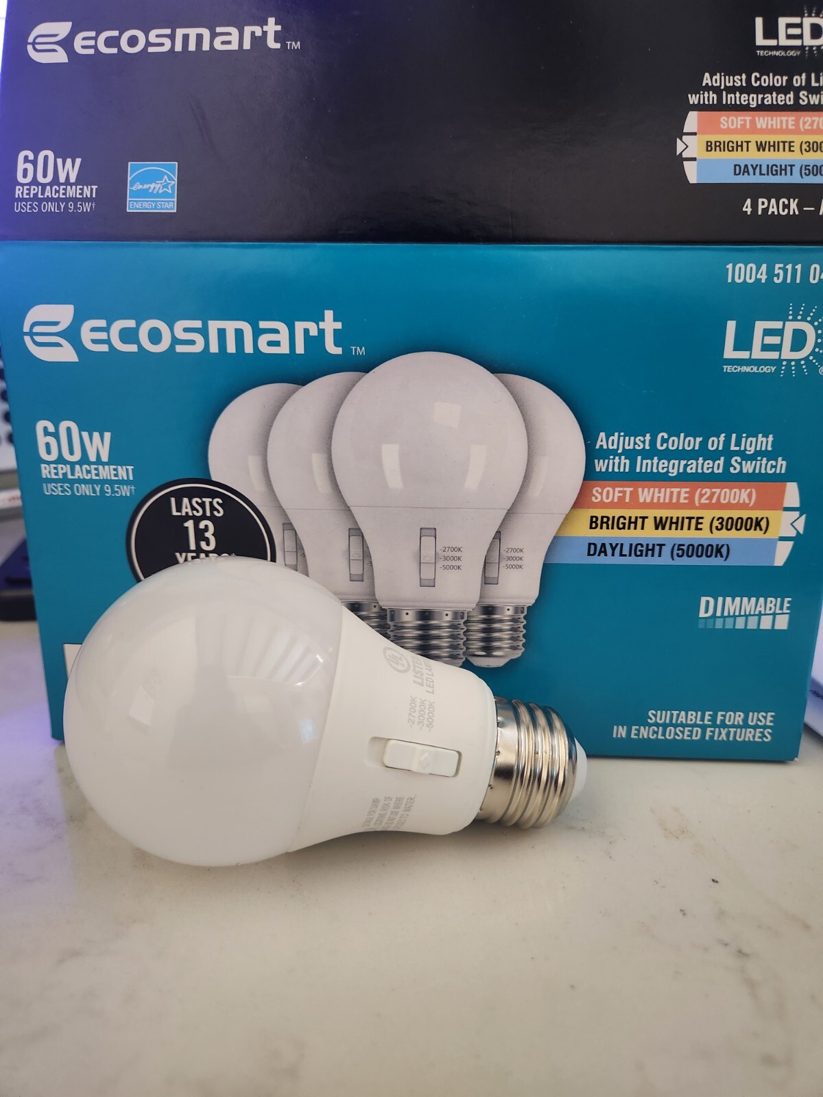 EcoSmart 60-Watt Equivalent A19 Dimmable LED Light Bulb, Selectable CCT ...