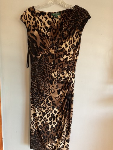 Ralph Lauren Animal Print Stretchy Underlined Rouched Slit Dress Size 8