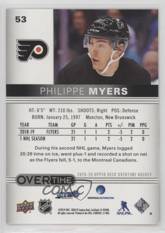 2019-20 Upper Deck Overtime Philippe Myers #53 Rookie RC - Image 2 of 2