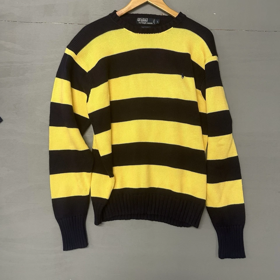 Suéter vintage Polo Ralph Lauren para hombre tejido con cable azul marino y amarillo a rayas talla L Foto 2 de 3