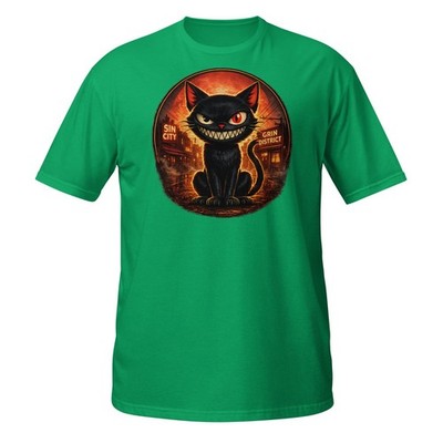 Dark Mischievous Cat Cartoon Tee Sin City Grin District Design