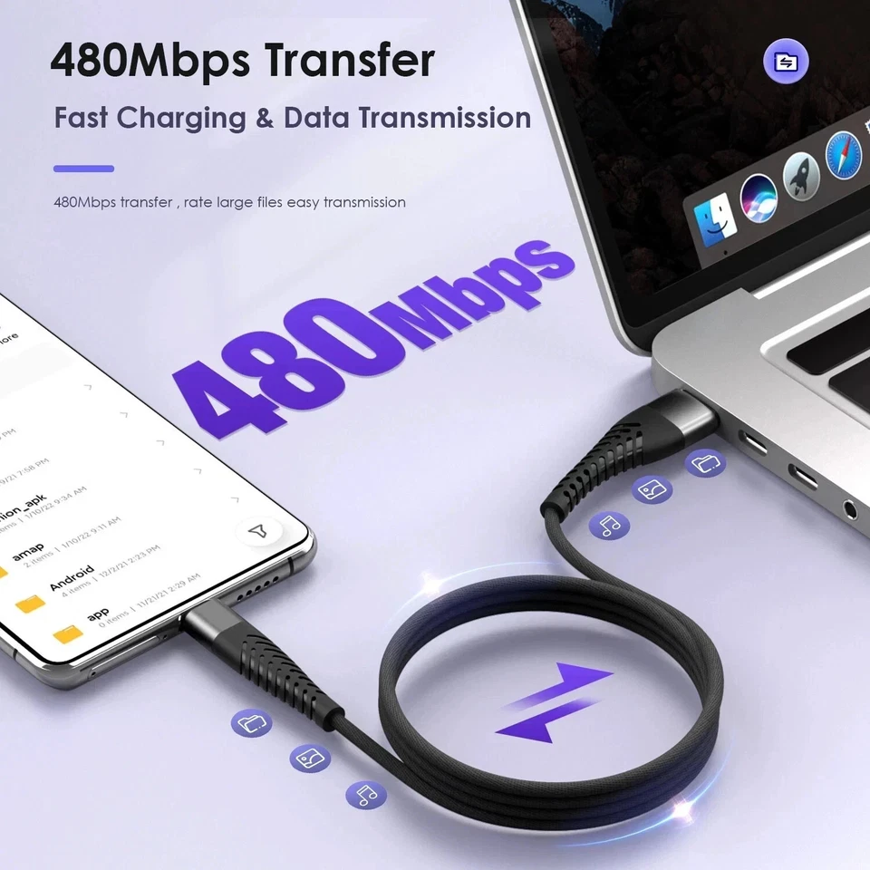 USB A to USB-C Cable Braided Fast Charger Type C Lead For iPhone 15 16 / Samsung - Image 4 of 4