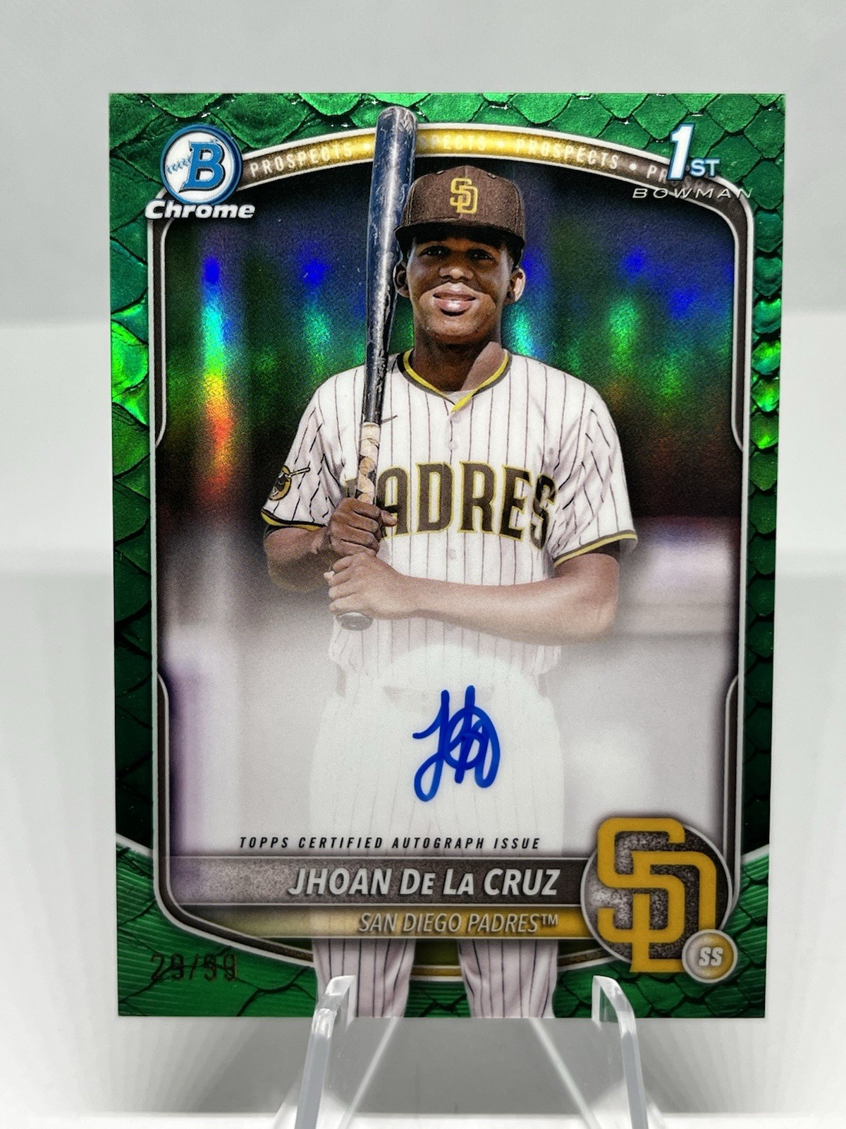 2025 Bowman Chrome Jhoan De La Cruz #CPA-JDL Green Reptilian Auto /99 Padres