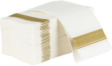 Premium White Cloth-Like Dinner Napkins w/ Gold  Silver Border   100 Disposable