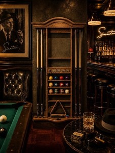 “The Manor” Vintage Oak Pool Cue Rack Brass Scoreboard Wall Mount Decor
