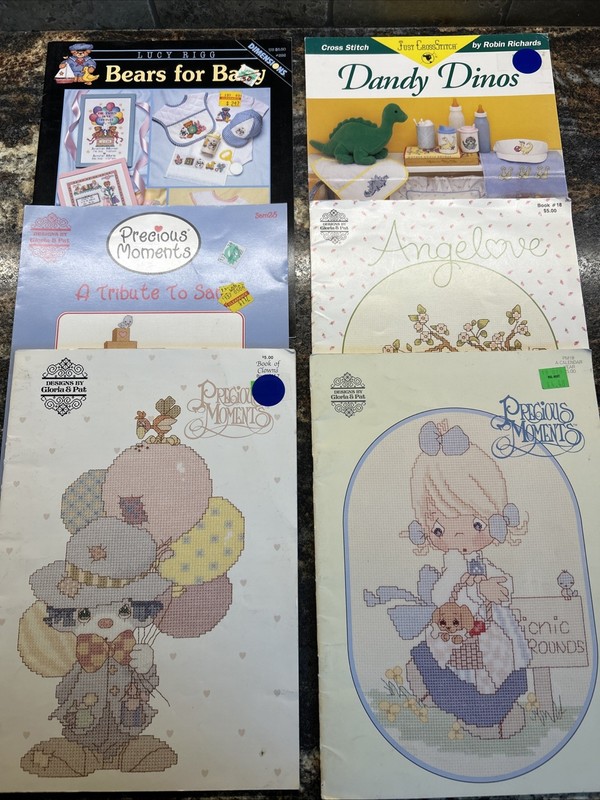 Lot Of 6 Baby Children Cross Stitch Books Precious Moments, Bears, Dinosaurs