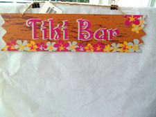 Tiki Bar Tropical Wood Sign Pink Glitter NEW YELLOW PINK FLOWERS 16" WIDE