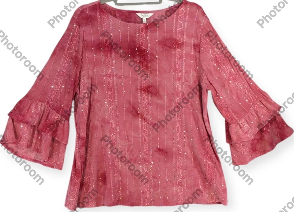 Coral Bay 女式 XL 粉红色领带染料亮片 3/4 荷叶边袖闪亮波西米亚 — 第 3/4 张图片