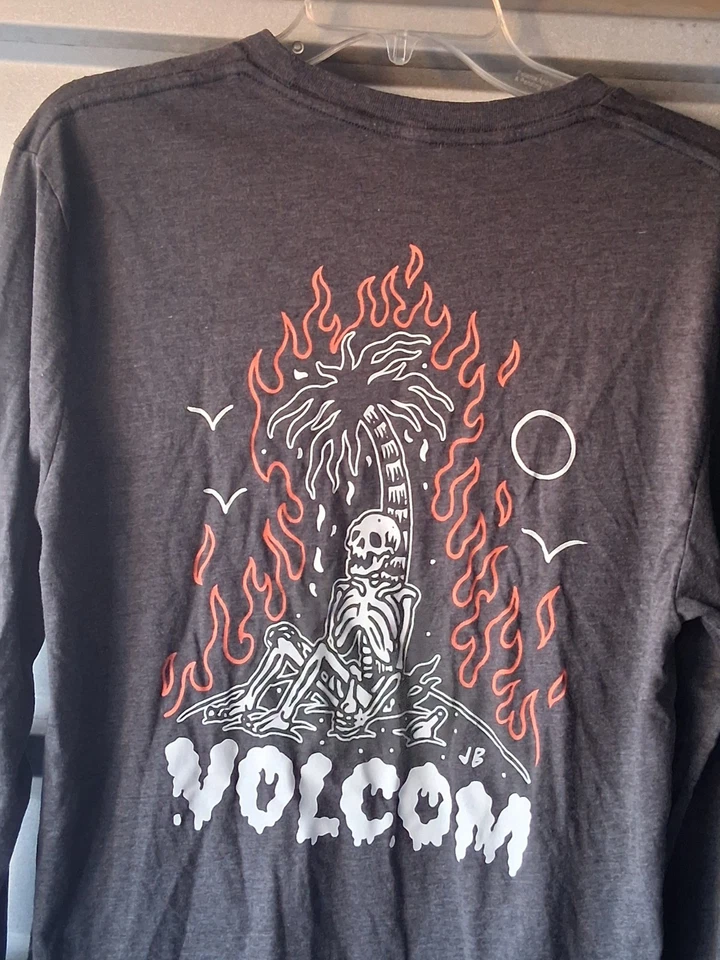 Volcom Mens Medium Dark Gray Long Sleeve Flames Skeleton Palm Tree Graphic Surf - Image 2 of 4