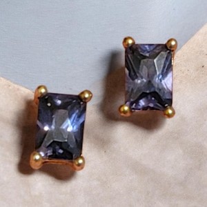 Authentic 925 Sterling Silver Gold Plated Tanzanite Emerald Cut Stud Earrings Vermeil