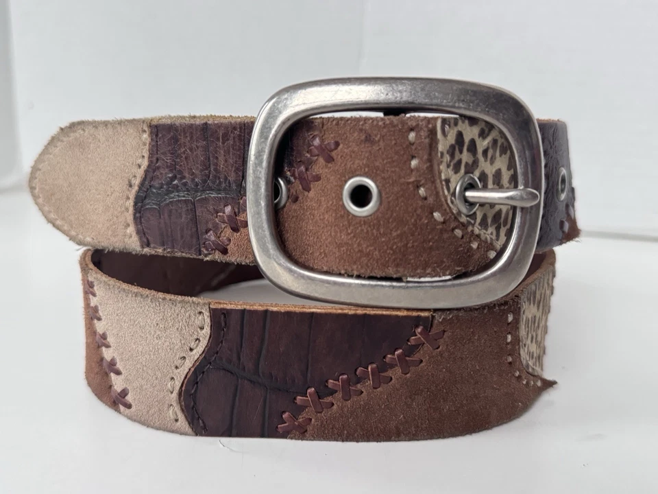 FOSSIL 棕色棕褐色皮革拼接动物印花黄铜扣带 Y2K 风格 L 码 — 第 2/4 张图片