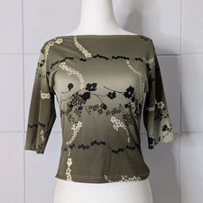 VTG Y2K 00s Boat Neck Olive Green Gradient Cherry Blossom Top Size S
