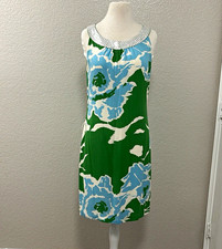 Tory Burch Women’s Blue/Green/White Floral Sheath Round Neck Beaded Silk 8