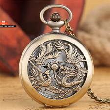 Retro Double Dragons Playing with Beads Quartz Pocket Watch with Necklace Chain