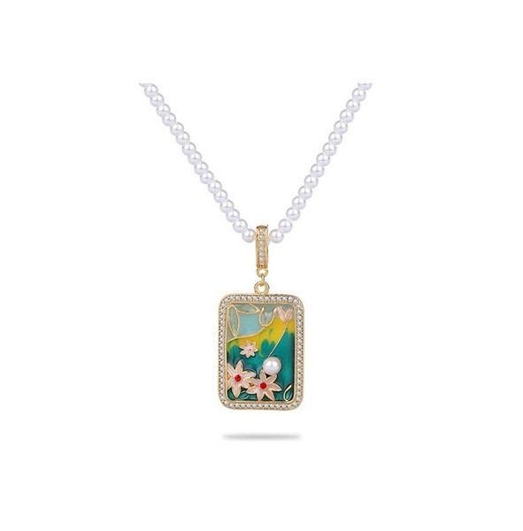 Alternate view of Pearl Crystal Pendant Necklace Flower Charm 18k Gold Plated Monet Garden Style