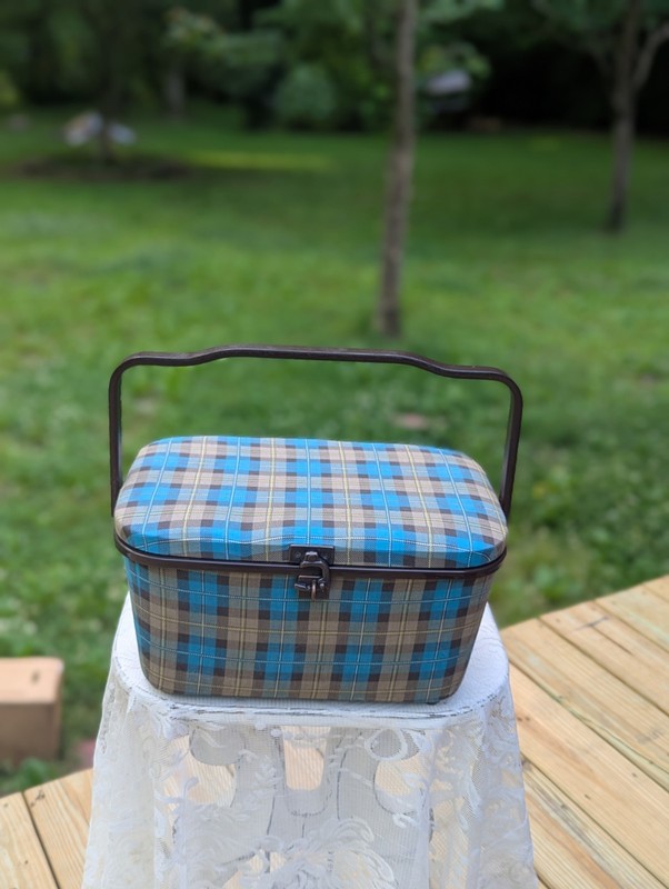 Vintage Blue & Tan Plaid Fabric Sewing Basket w/ Removable Tray