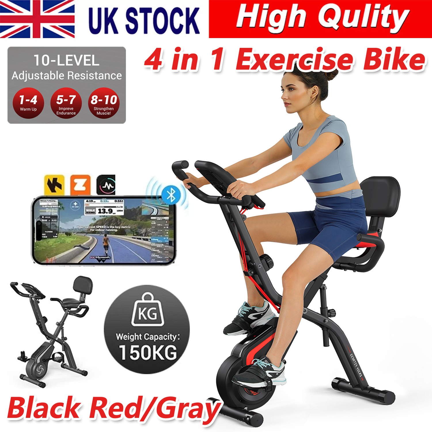4in1 Foldable Exercise Bike 10 Adjustable Resistance with Exclusive APP Home Gym