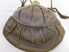 Antique Leather Hand Bag Purse Ornate Brass Metal Frame Clasp