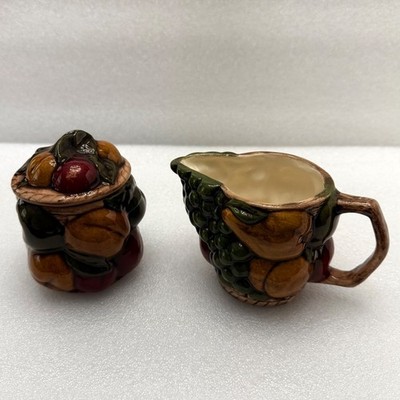 Pears Apple Grapes Vintage Hand Painted Signed Creamer and Lidded Sugar Bowl MCM