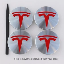 4 pcs Set of Tesla Wheel Center Hub Caps  Silver/ Red– 56mm Model 3, S, X, Y