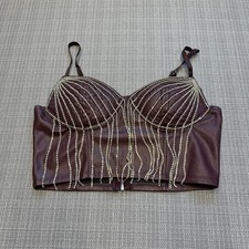 Y2K Faux Leather Corset Top Small Burgundy Rhinestone Festival Rave Moto Bustier