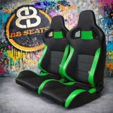 Pair BB6 Reclining Tilting Car Bucket Sports Seats Pair Black / Green + Runners