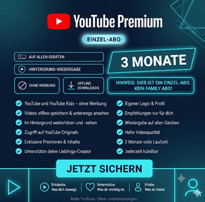 YouTube Premium 3 Monate Abo (Kein Family!) Individuell