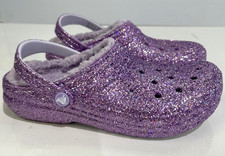 Crocs Classic Lined Chunky Glitter Clog Purple Fleece Lined Big Kids J 5
