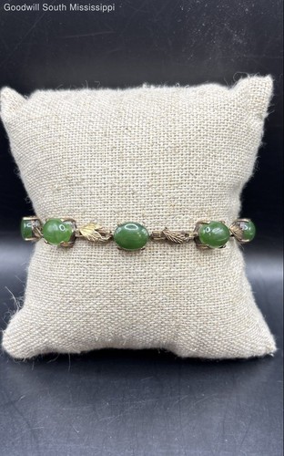 Gold Tone & Green Stone Leaf Linked Bracelet