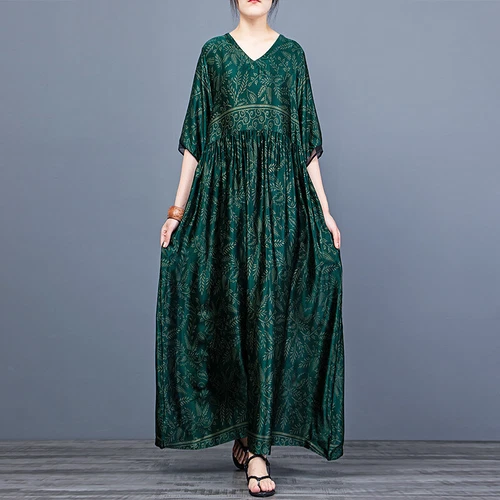 Damen schickes bedrucktes Kleid Seide V-Ausschnitt Oversize Kleid lang Maxi Morgenmantel - Bild 2 von 24