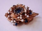 MIRIAM HASKELL DEEP BLUE RHINESTONE W/"PEARL" AND "GOLD" METAL WORK