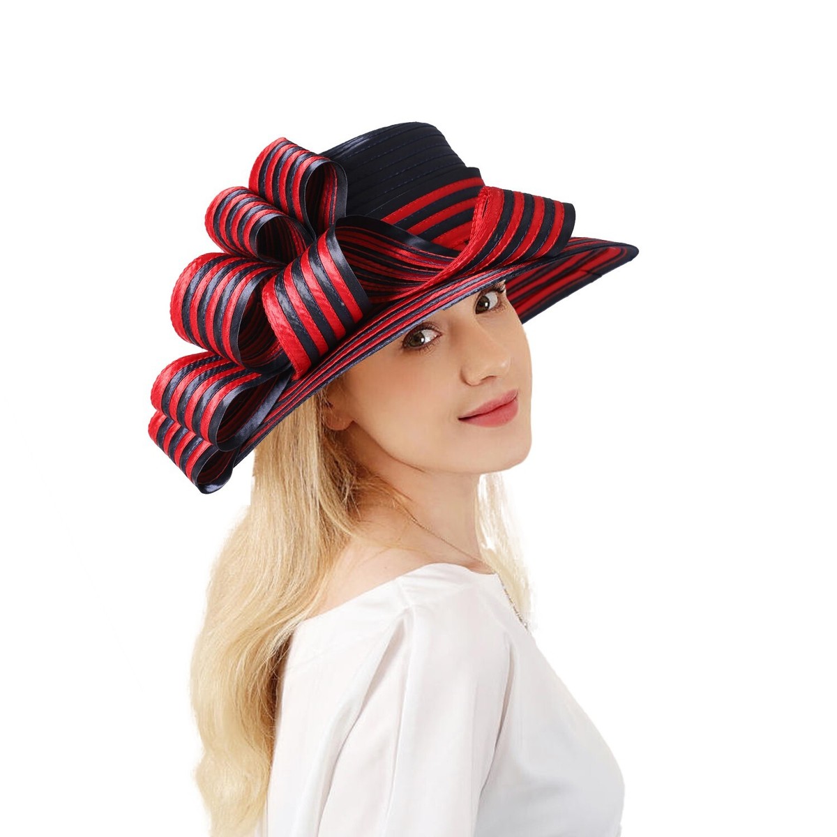 Navy Fedora Derby Boater Hat Big Brim Stripe Satin Fascinators Hats For  Women